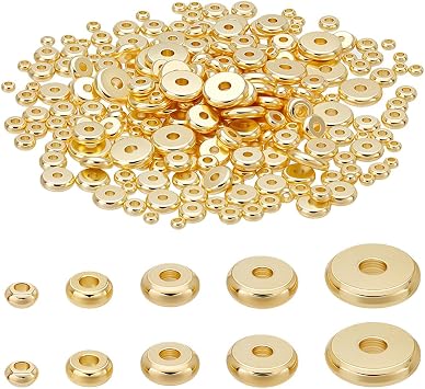 PLIGREAT 300 Pcs 18K Gold Filled Flat Round Spacer Beads Set, 3mm/4mm/5mm/6mm/8mm Bulk Stopper Beads String Spacer Accessories for Bracelet Necklace Earring DIY Jewelry Making