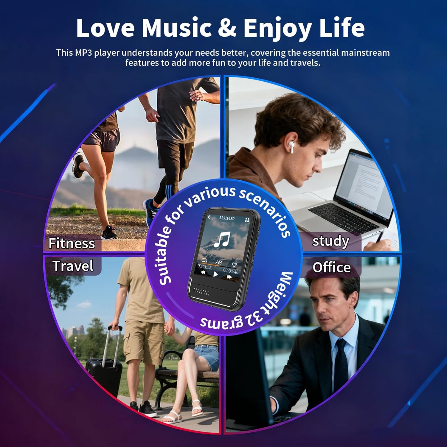 MP3 Player with Bluetooth,Mini MP3 Player with Speaker,Built-in Micro SD Card Slot,Portable Music Player with FM Radio,Video,Voice Recorder,Earphones, for Kids,Sports and Gifts,Max 512GB Expand