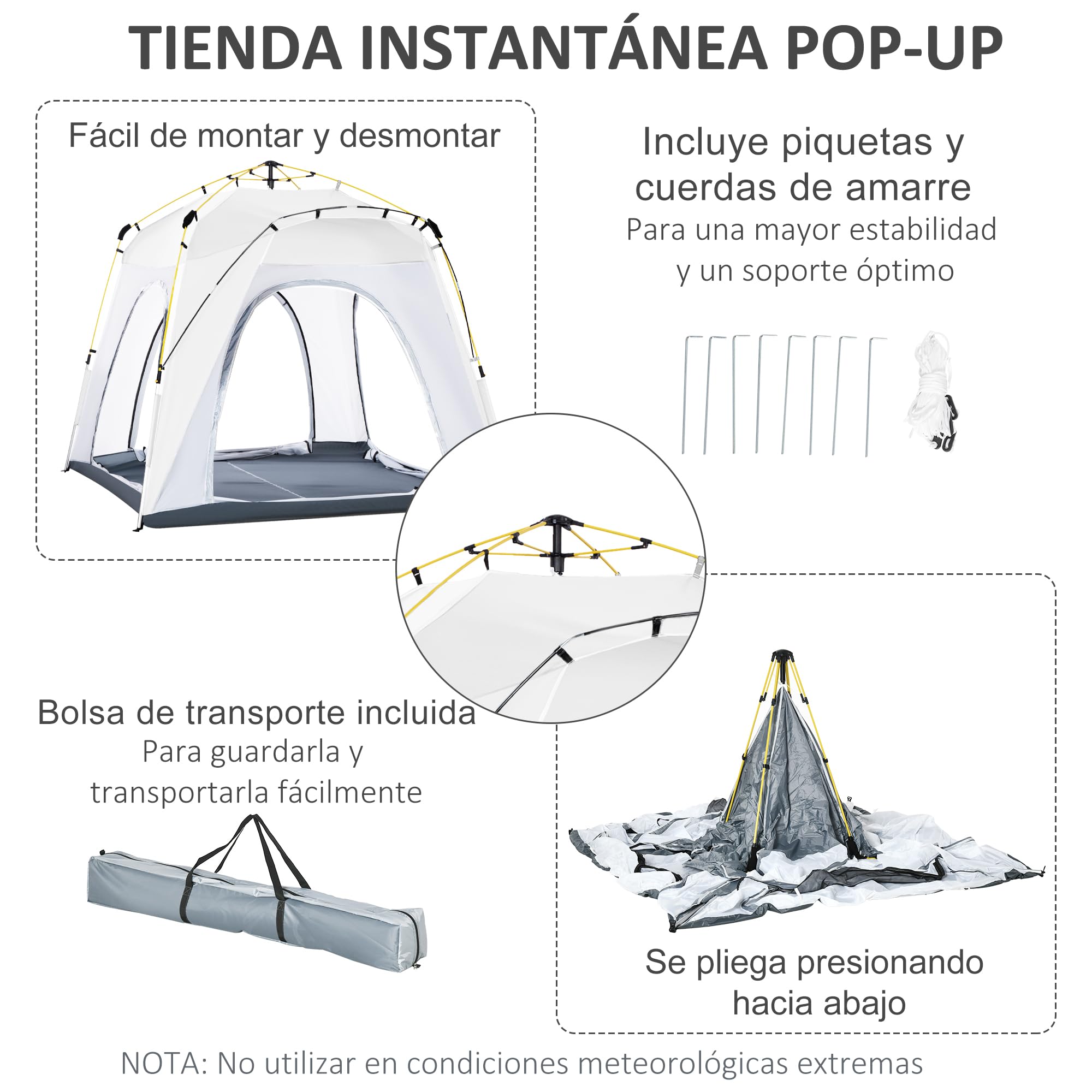 Outsunny Tienda de Campaña Instantánea para 4 Personas 240x240x199 cm Gris y Blanco