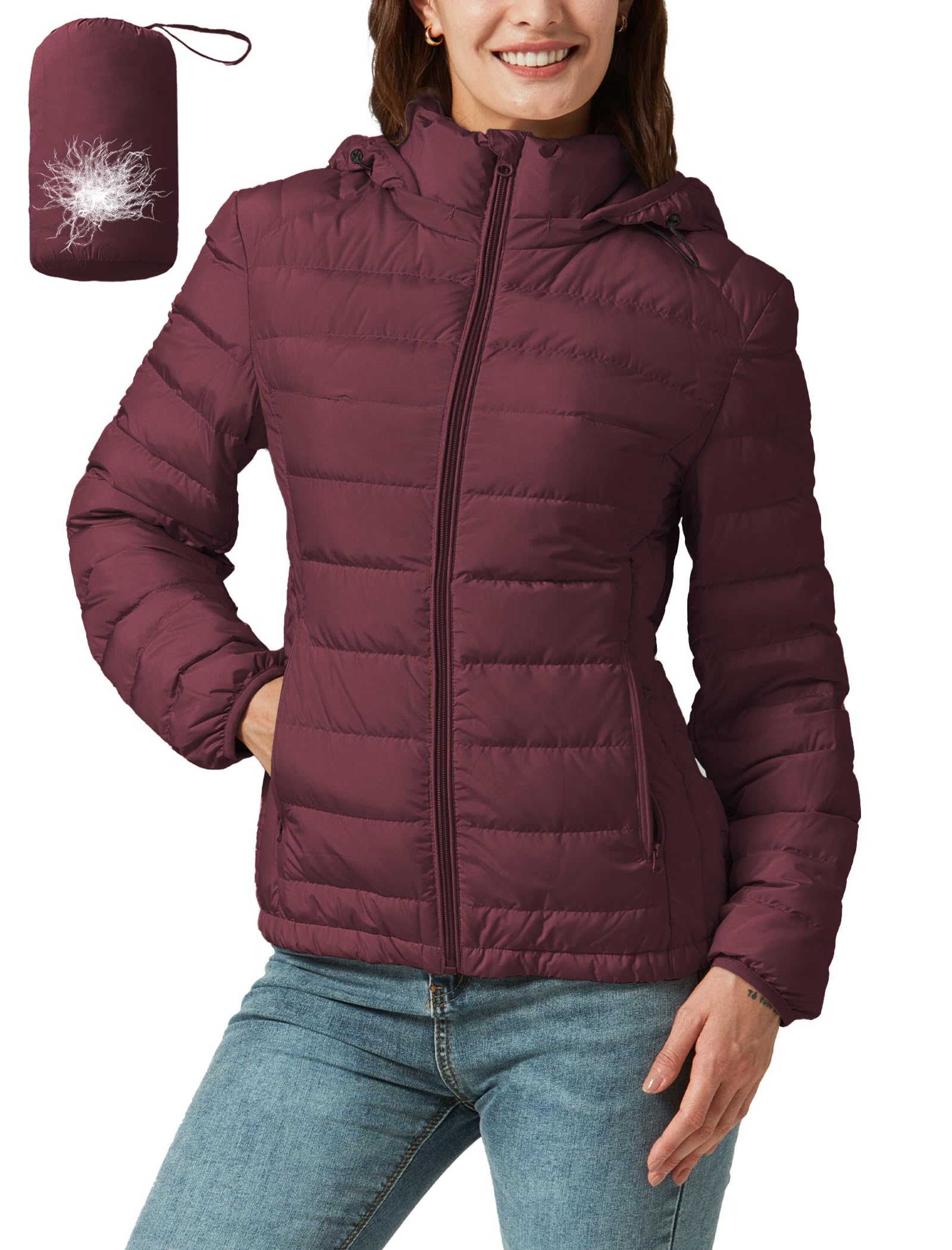 Packable Down Jacket Women Lightweight Quilted Puffer Coat Hooded Travel