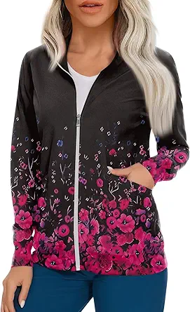 Scrub Jackets for Woman Zip Up Long Sleeve Tops Print Plus Size Womens Scrubs for Women Nursing Shirts with Pockets