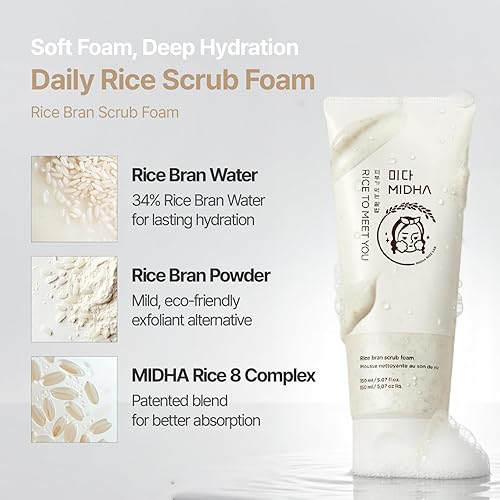 Miniatura 3 de MIDHA Espuma exfoliante de salvado de arroz, 5.07 onzas líquidas, limpieza profunda, purificadora de poros, exfoliante suave, lavado facial de