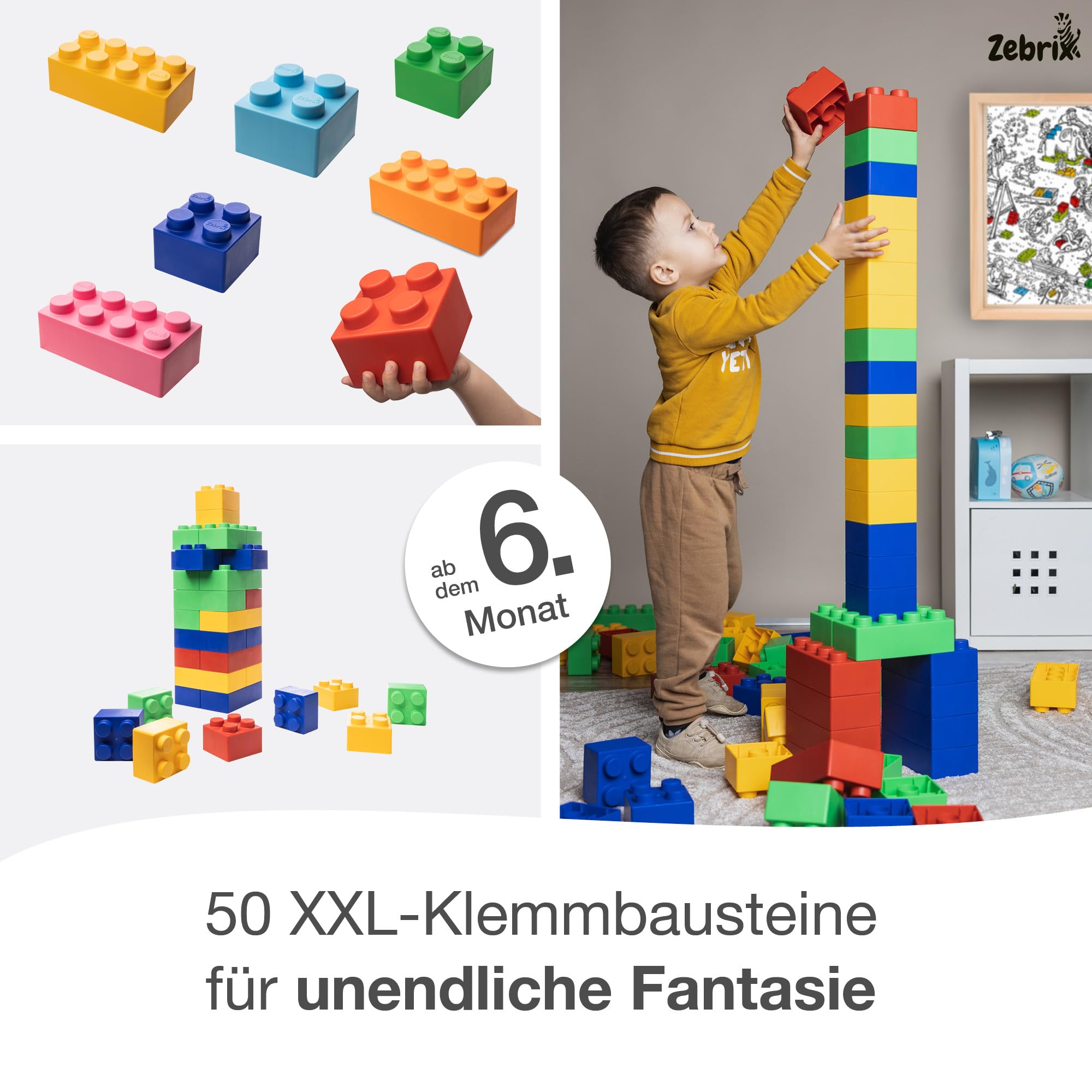 XXL 50 mattoncini da costruzione in 7 colori I grandi mattoncini da costruzione in rosa, azzurro, arancione, rosso, verde, blu e giallo (50 pietre), per neonati e bambini, realizzati in