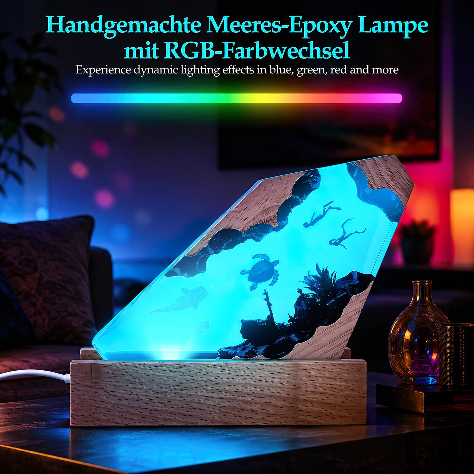 Lampe Océan Résine Époxy 3D, Veilleuse RGB 7 Couleurs Dimmable Socle Bois