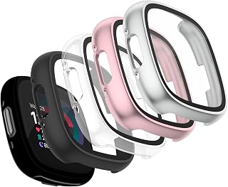 Vancle Case for Fitbit Versa 4 / Fitbit Sense 2, 4-Pack Screen Protector Tempered Glass Full Around Hard PC Case with Sensitive Touch Film Protective for Fitbit Sense 2 / Versa 4(Black + Transparent + Silver + Rose Gold)