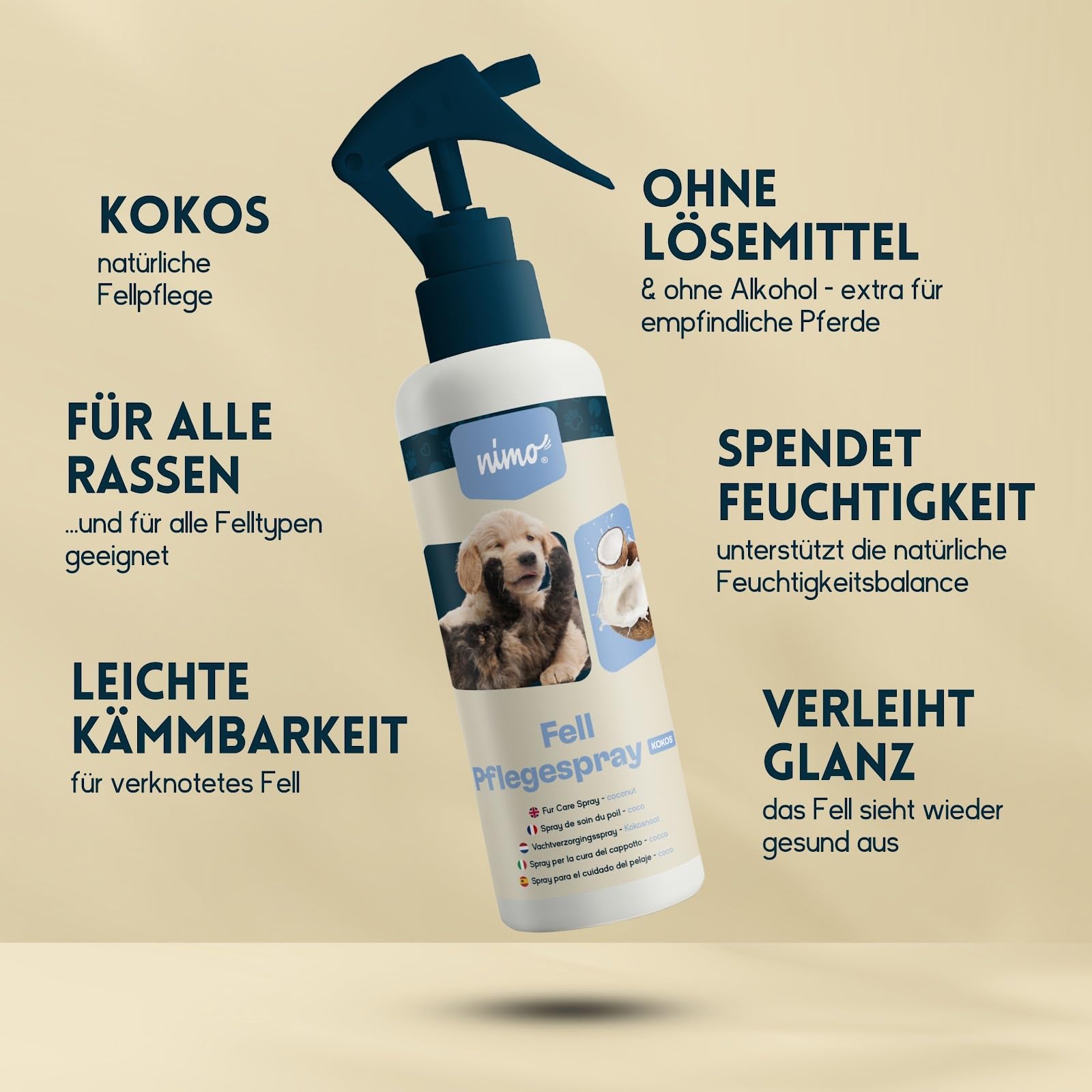 nimo Fell Pflegespray Kokos | für Hunde, Katzen & Haustiere | Pflegespray für glänzendes & gepflegtes Fell | leichtere Kämmbarkeit, Fellpflege, Entwirrung