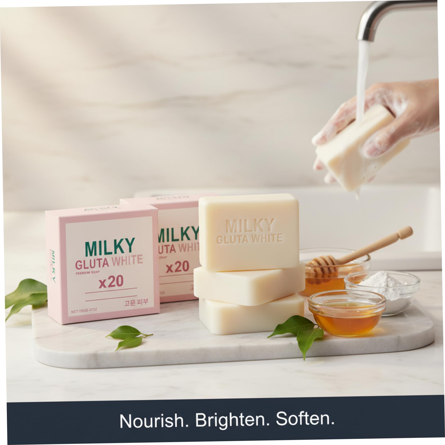 Whitening Soap, Milky Gluta White Soap 20x, Glutathione & Honey Brightening Nourishing Skin Cleansing Gentle Daily Face & Body Wash for Soft, Smooth 