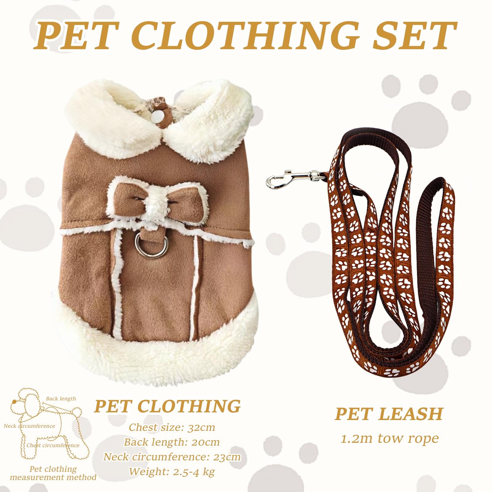 VEHYEGOI 1 Piece Pet Clothing Set, Cute Bow Khaki Coat & Leash, Small (32Cm Chest, 20Cm Back, 23Cm Neck) - Image 2