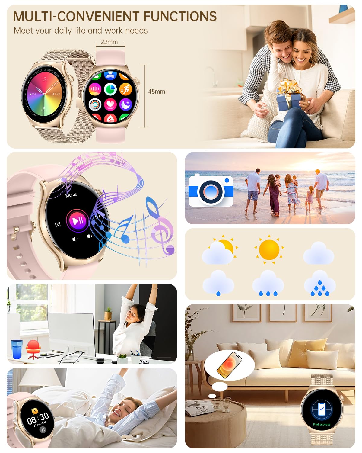 Inteligentny zegarek damski Połączenia/powiadomienia dla iOS Android Czarny