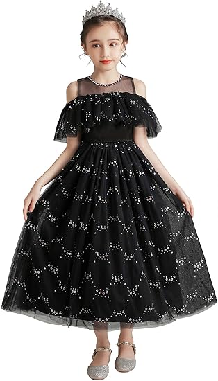 Amazon Weileenice ピアノ発表会 ワンピース 子供服 女の子 ロング チュール ドレス 黒 シャンパン スパンコール キッズ 結婚式 オフショルダー 子供 フォーマル ドレス 袖あり 110 160 フォーマル 通販
