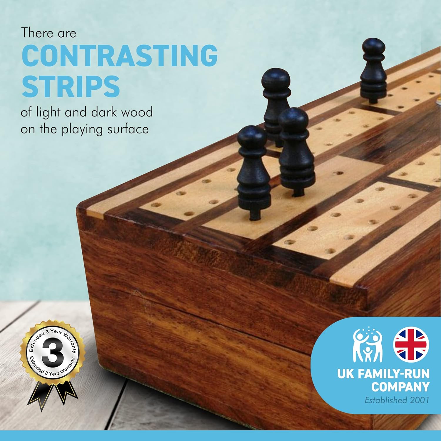 Thorness Wooden Cribbage Board with pegs and Two Packs of Playing Cards