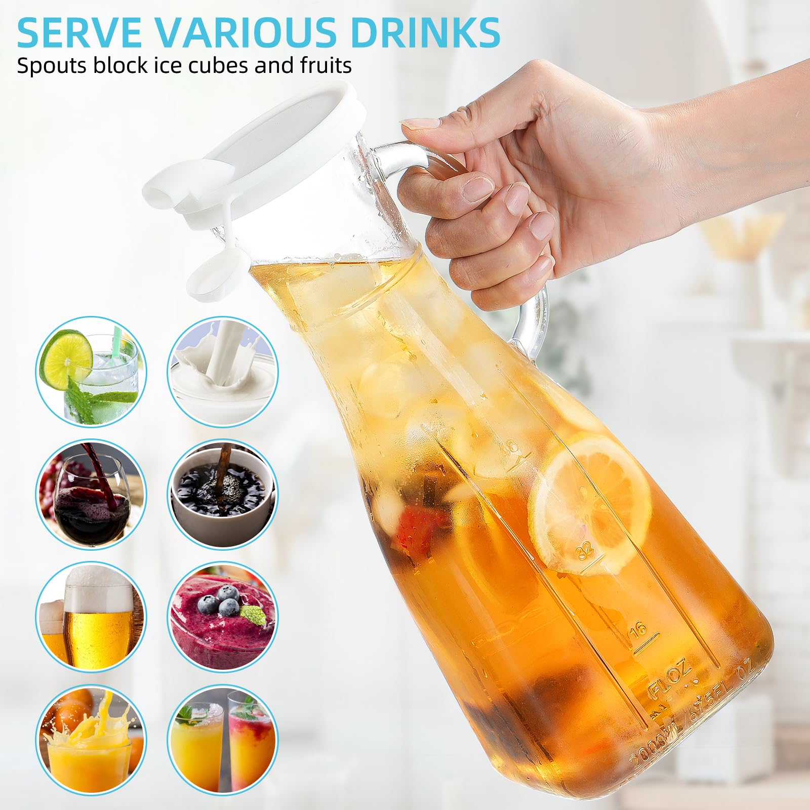 Absovetu Paquete de 3 jarras de vidrio con tapas de 1.9 L/64 onzas, jarras de agua de vidrio para refrigerador, jarra de agua, jarra de jugo con asa para jugo, leche, vino, té