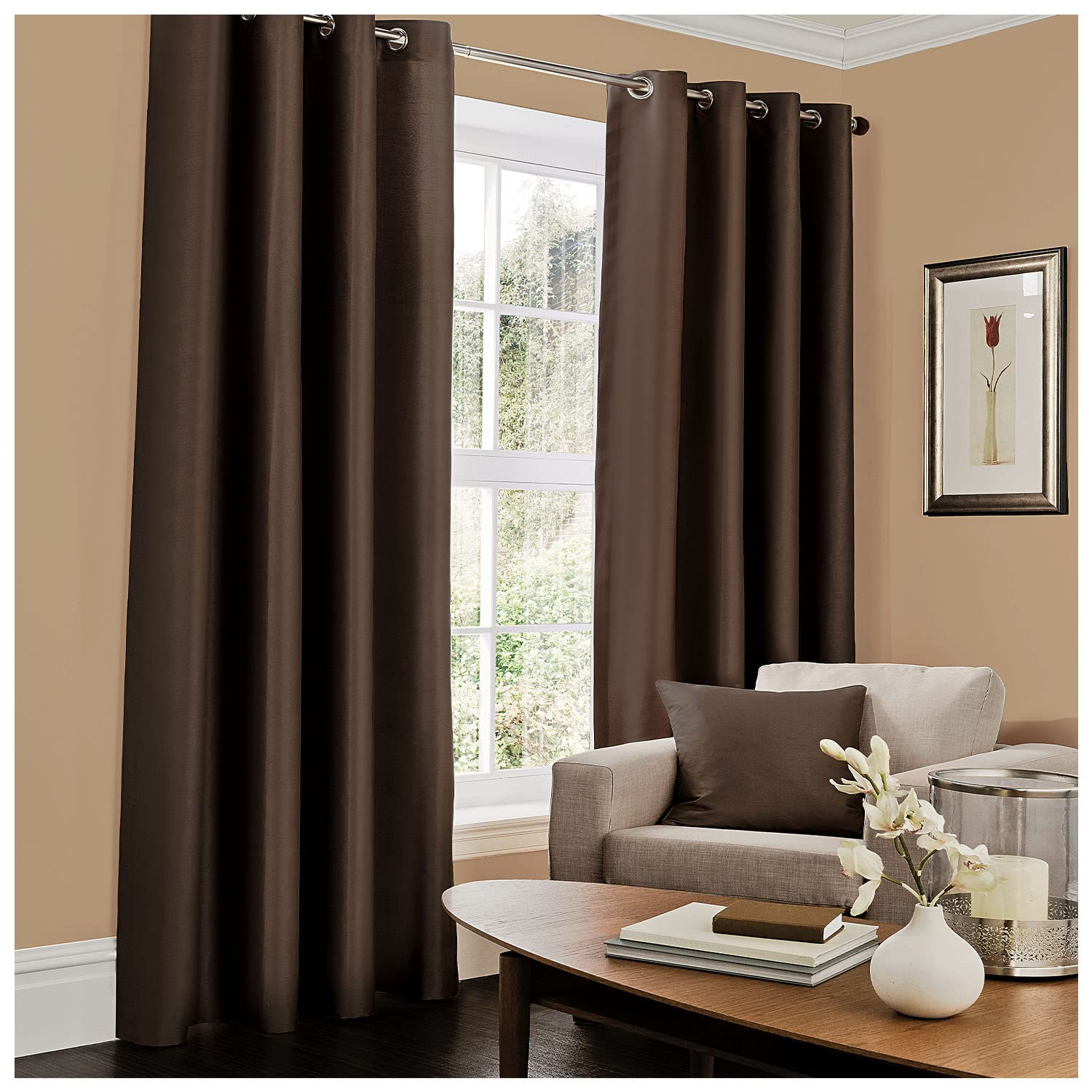 Gaveno Cavailia Luxury Fully Lined Plain FAUX SILK EYELET CURTAINS With Tie Backs Chocolate 66x90 In