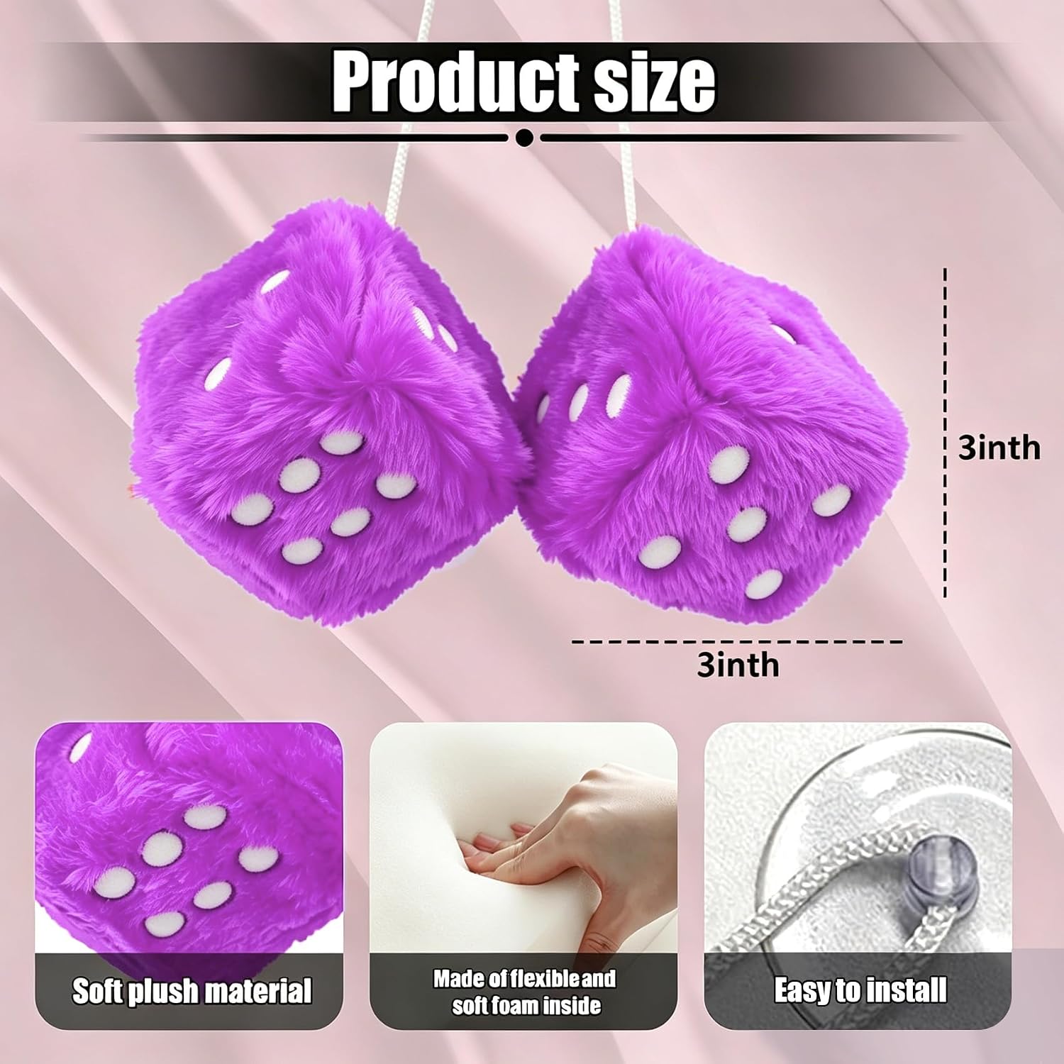 Fuzzy Plush Dice for Car Mirror, Car Mirror Hanging Accessories, 3" Retro Square Decoration Cute Rearview Mirror Pendant, Soft Plush Dice Classic Auto Hanging Ornament for Women (Purple) image 5