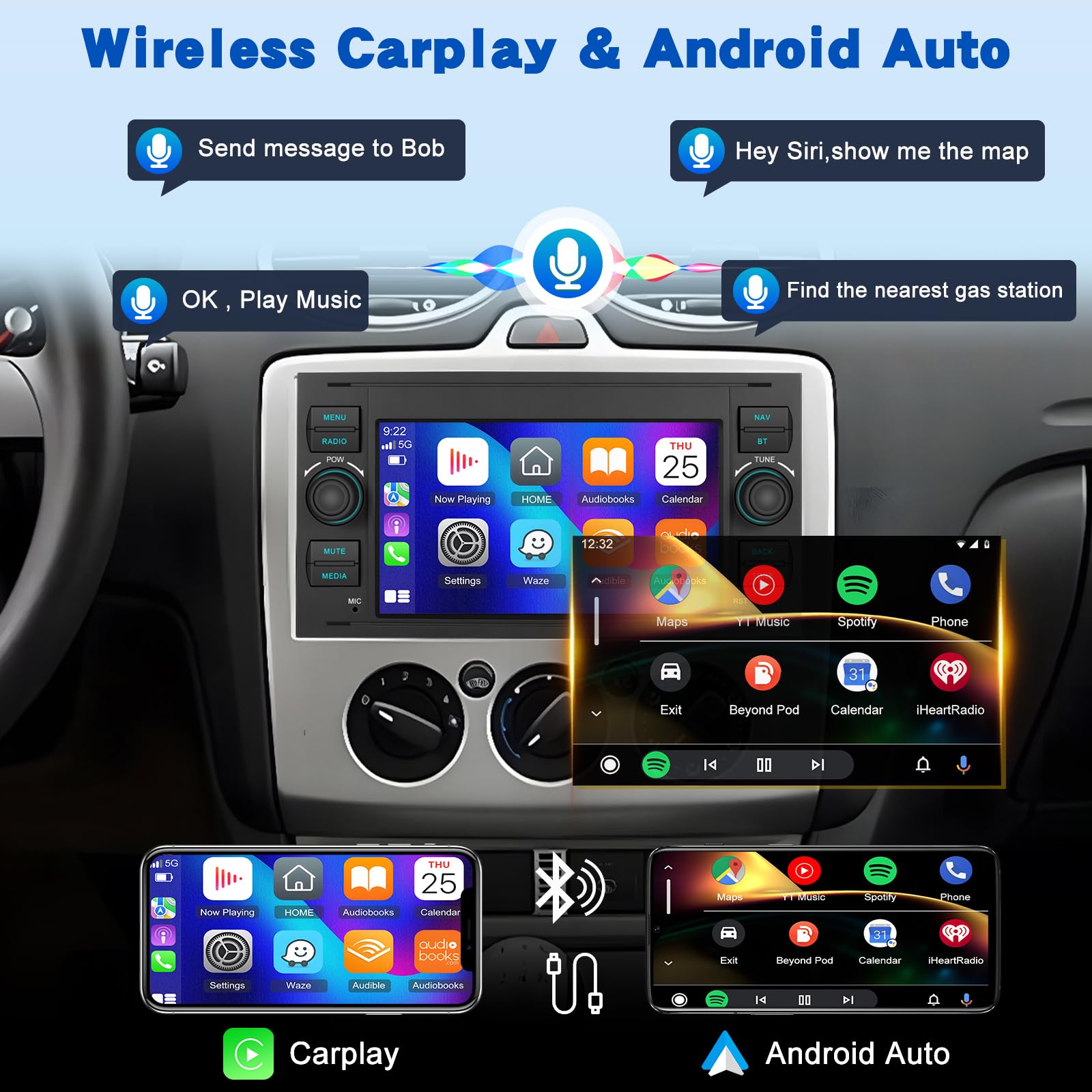2G+64G Android Autoradio per Ford Transit Fiesta Focus Galaxy Mondeo Fusion Kuga C-Max S-Max con Wireless Carplay e Android Auto, Touch Screen 9 Pollici con WiFi, Navigazione GPS, Bluetooth, FM RDS