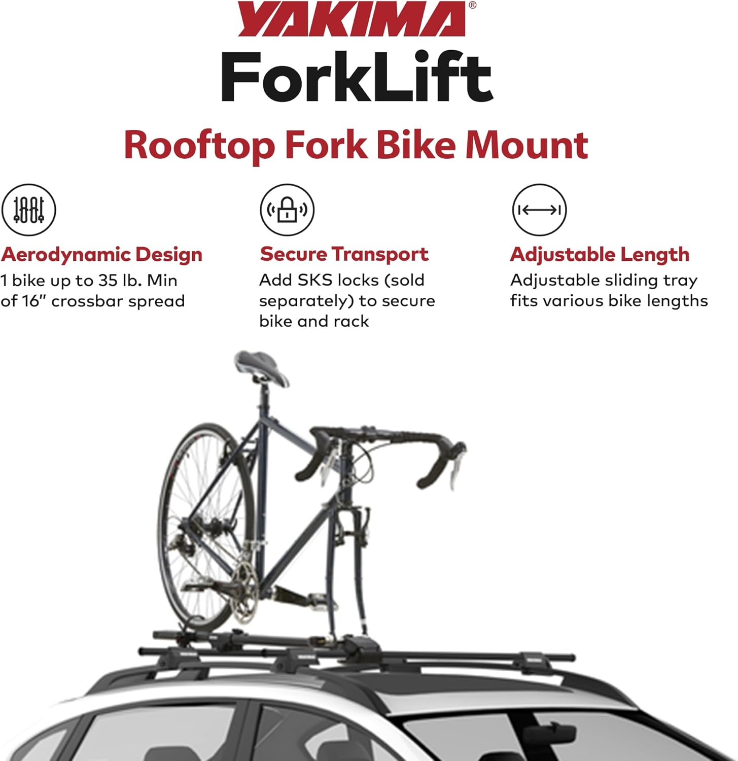YAKIMA ForkLift Rooftop Fork Style Bike Mount, Fits StreamLine Crossbars, Easy To Adjust Sliding Wheel Tray, Fits Most Disc Brakes, Tool Free Install