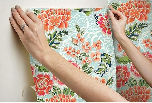 Miniatura 4 de RoomMates Waverly RMK11854RL Zen Garden - Papel tapiz autoadhesivo (18 pulgadas x 18.86 pies), fácil aplicación, sin residuos pegajosos, azul y rosa