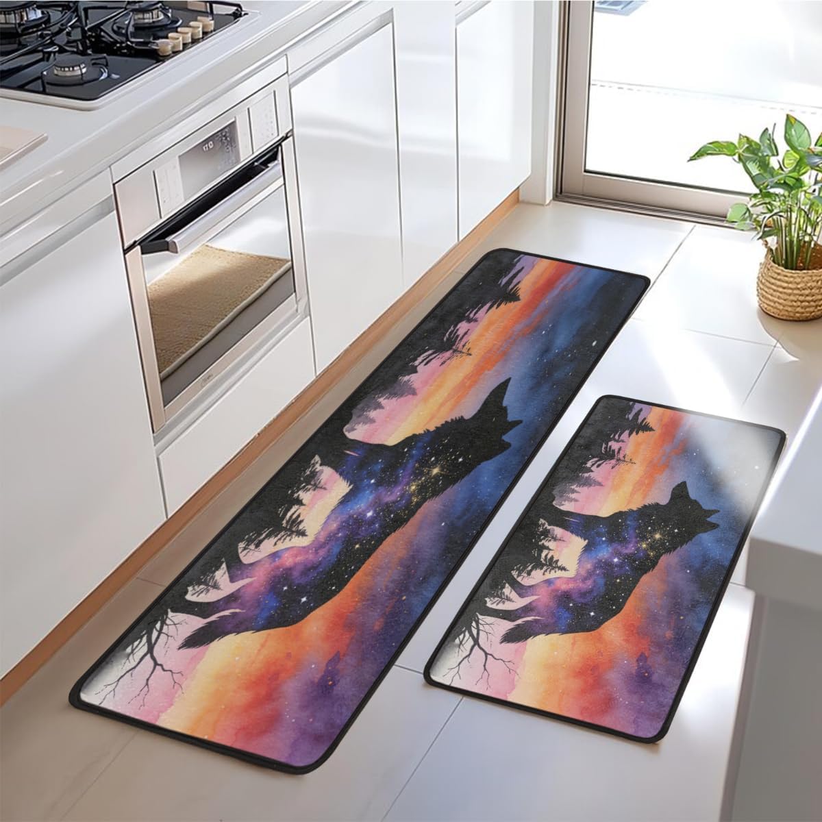 Anti Fatigue Celestial Wolf Art Kitchen Mats for Floor 2 Piece Set, Waterproof Non Slip Boho Kitchen Floor Rugs, Comfort Standing Mat for Sink Laundry & Home Kitchen 17"x47"+17"x29"