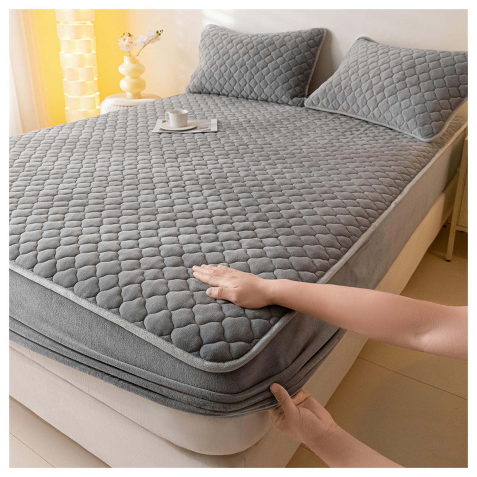 GOFOHIMI Thickened Quilted Fitted Sheet Protector with 2 pillowcases,All-Inclusive Stretch Bed Sheet Mattress Protective Cover Milk Fleece Bedspread for Bedroom Decor,gray,150 * 200cm