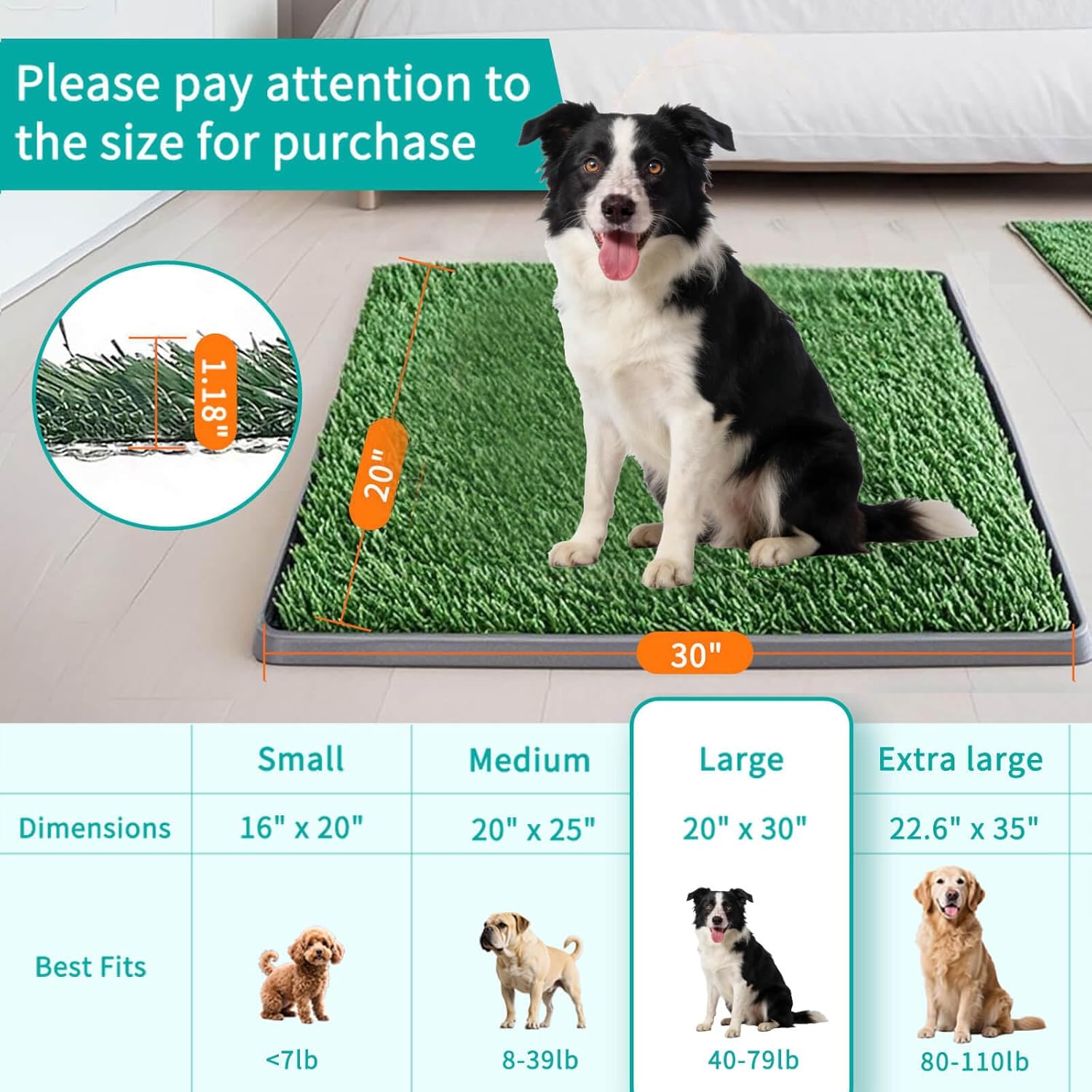 Dog Grass Pad with Tray 30"X20" - Portable Artificial Turf Potty Training Pee Mat for Large or Medium Dogs, Indoor/Outdoor Dog Litter Box for Balcony/Patio, Washable Reusable Fake Grass