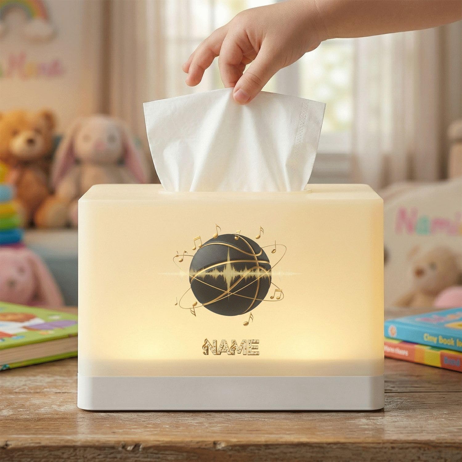 Personalized Basketball Music Night Light Tissue Box Cover, Rechargeable LED Lamp with Custom Name for Bedroom Decor image 5