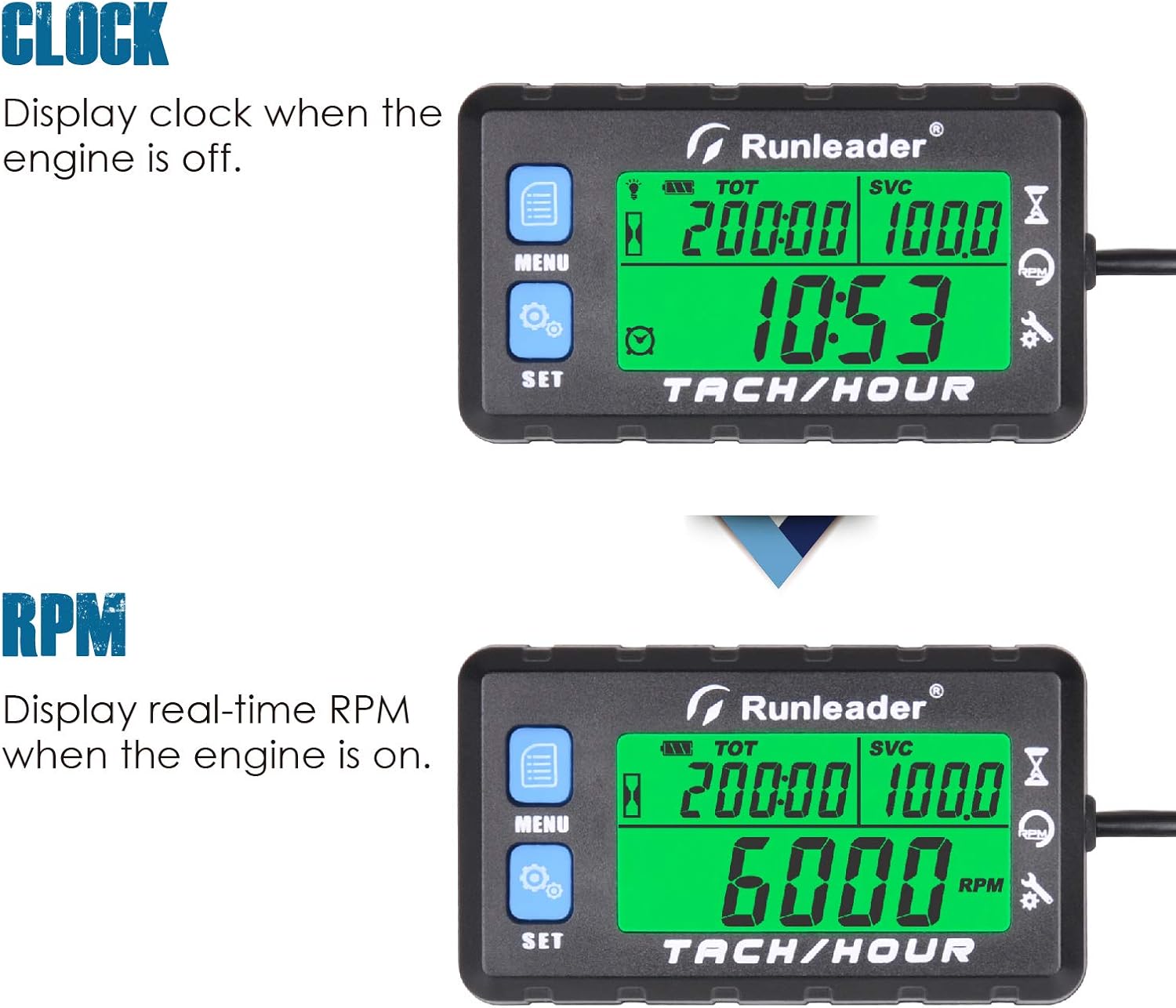 Runleader Hour Meter Tachometer, Maintenance Reminder, Alert RPM Reminder, Initial Hours Settable, Battery Replaceable, Use for Lawn Mower Generator Marine ATV and Gas Powered Equipment (HM058B-BU)