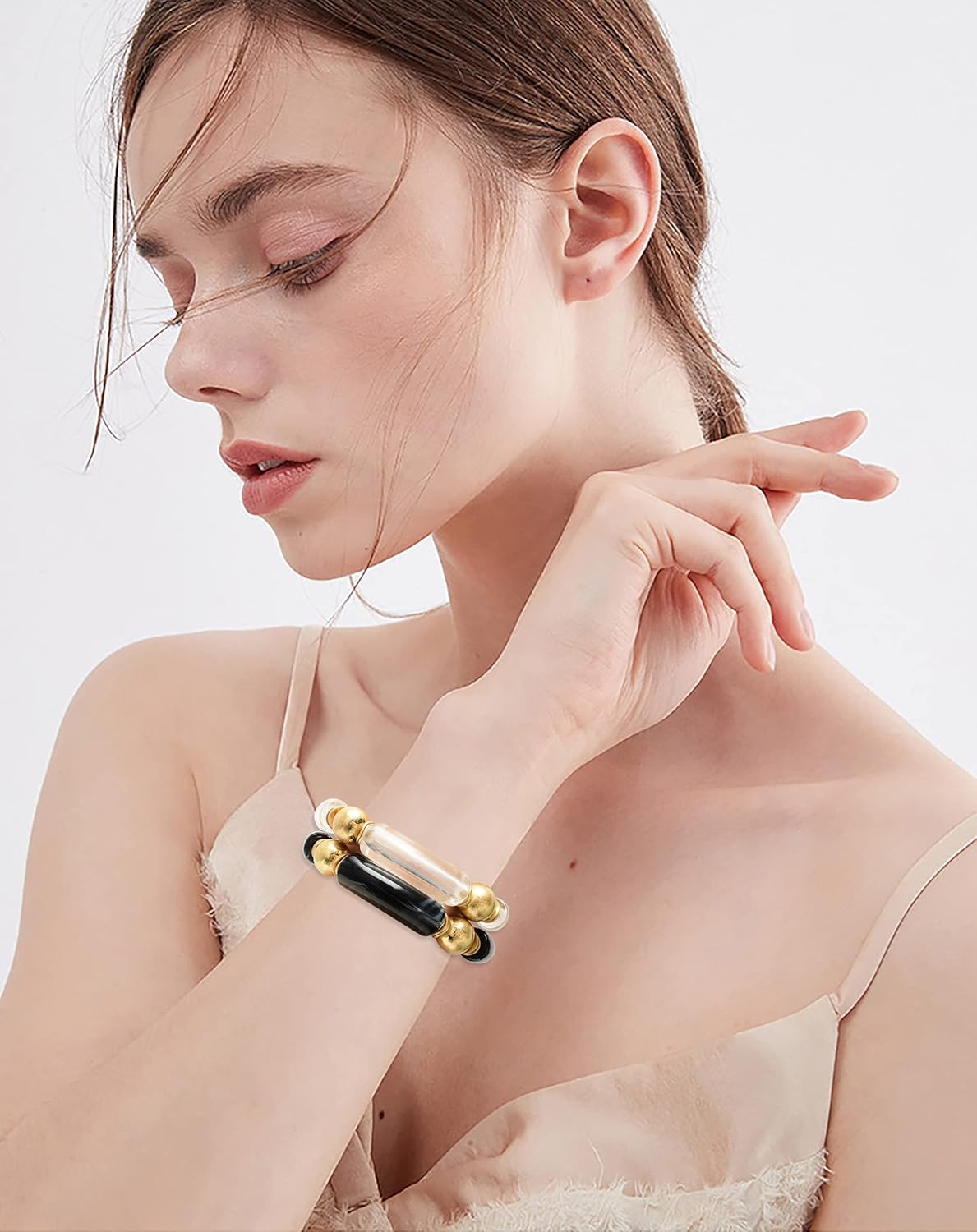 LALAPPLE Gold Plated Beaded Acrylic Bamboo Tube Bangle Bracelets for Women, Colorful Chunky Curved Tube With Gold Plated Pieces Beads Stretch Bracelet Friendship Summer Beach Jewelry - Image 5