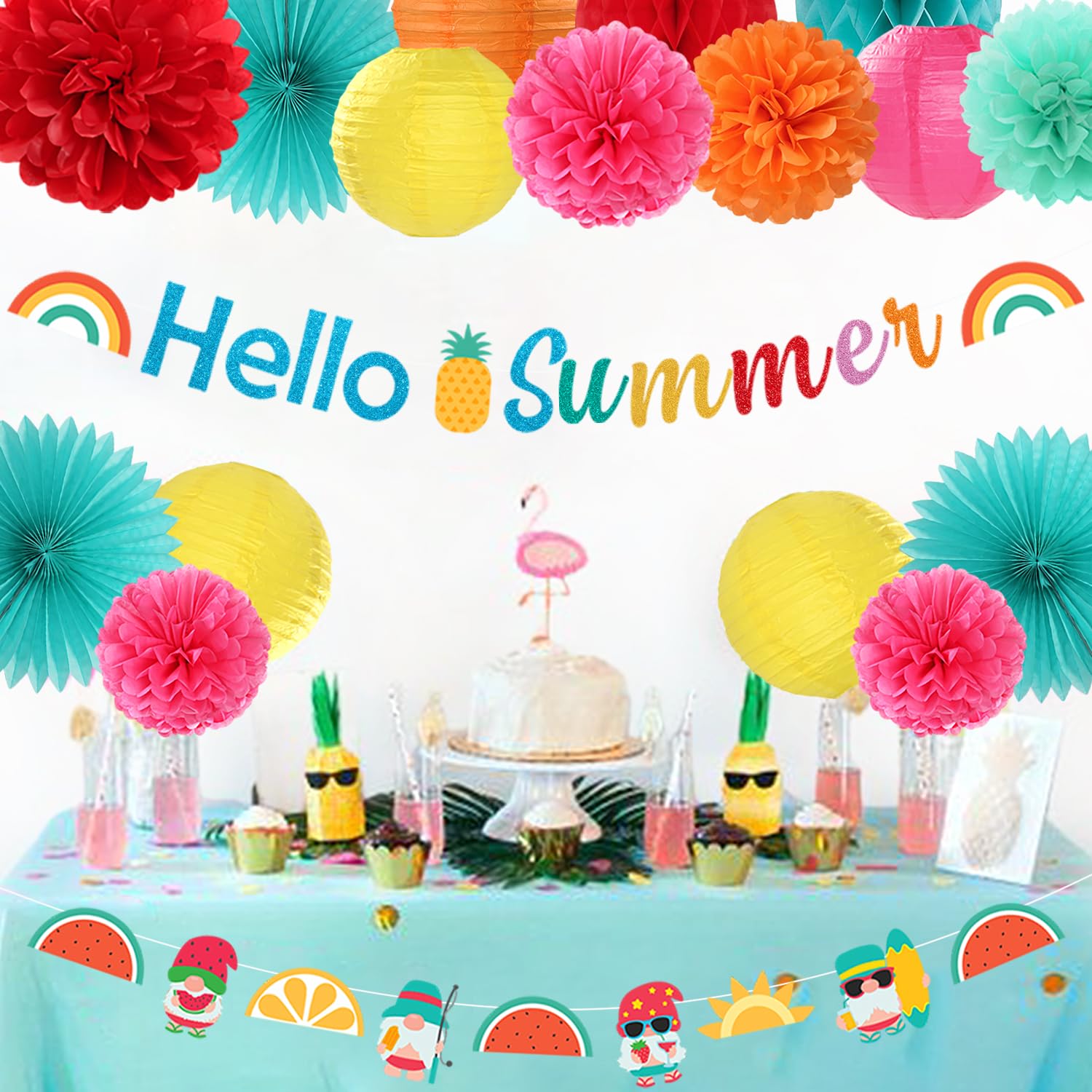 Suministros de decoración de fiesta hawaiana de Luau de verano – 21 pancartas de hola, linternas de papel para piscina, panal, guirnalda de serpentinas colgantes, pompones de tejido, abanicos de