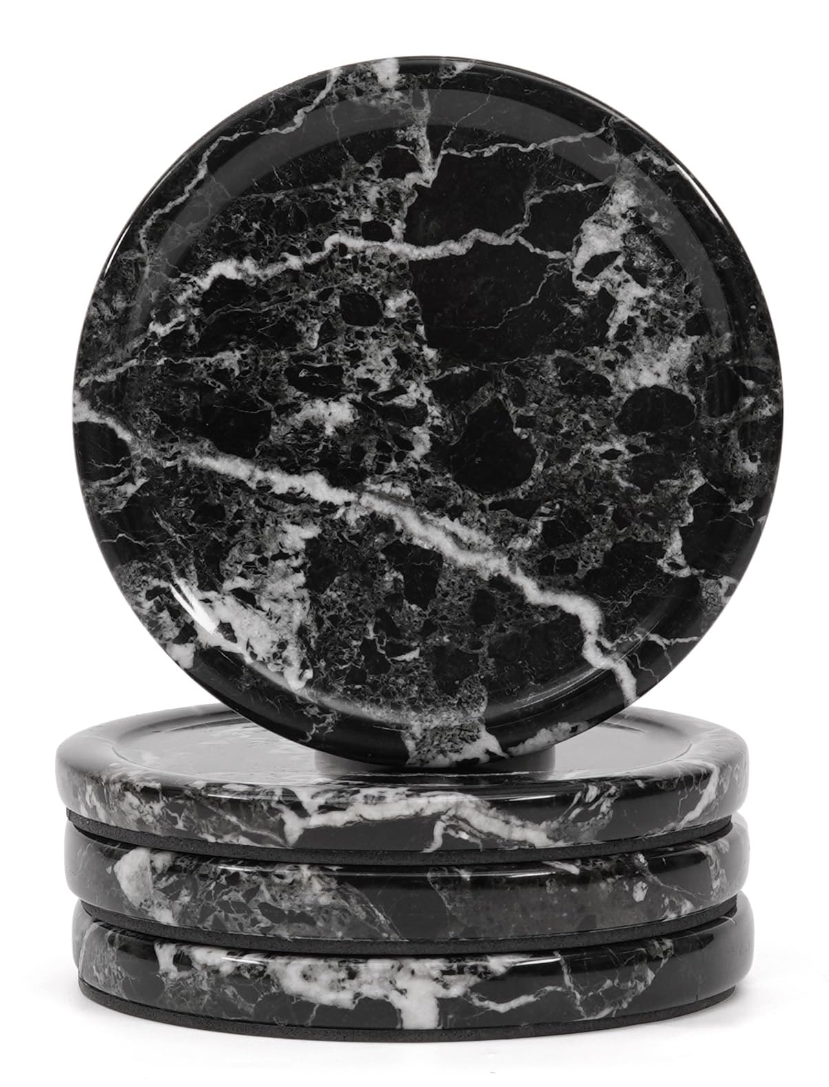 Earthen Crafts Black 4" Handmade Marble Coasters – 4 Piece Set Round Stone Drink Coasters – Decorative And Durable For Coffee Table & Kitchen Use