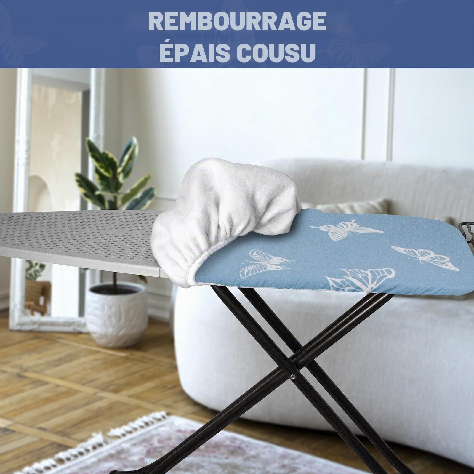 Housse de planche à repasser 125 x 45 cm et 122 x 38 cm - Rembourrage épais - Résistant aux brûlures et aux taches - Fermeture réglable - Rembourrée - Motif papillon