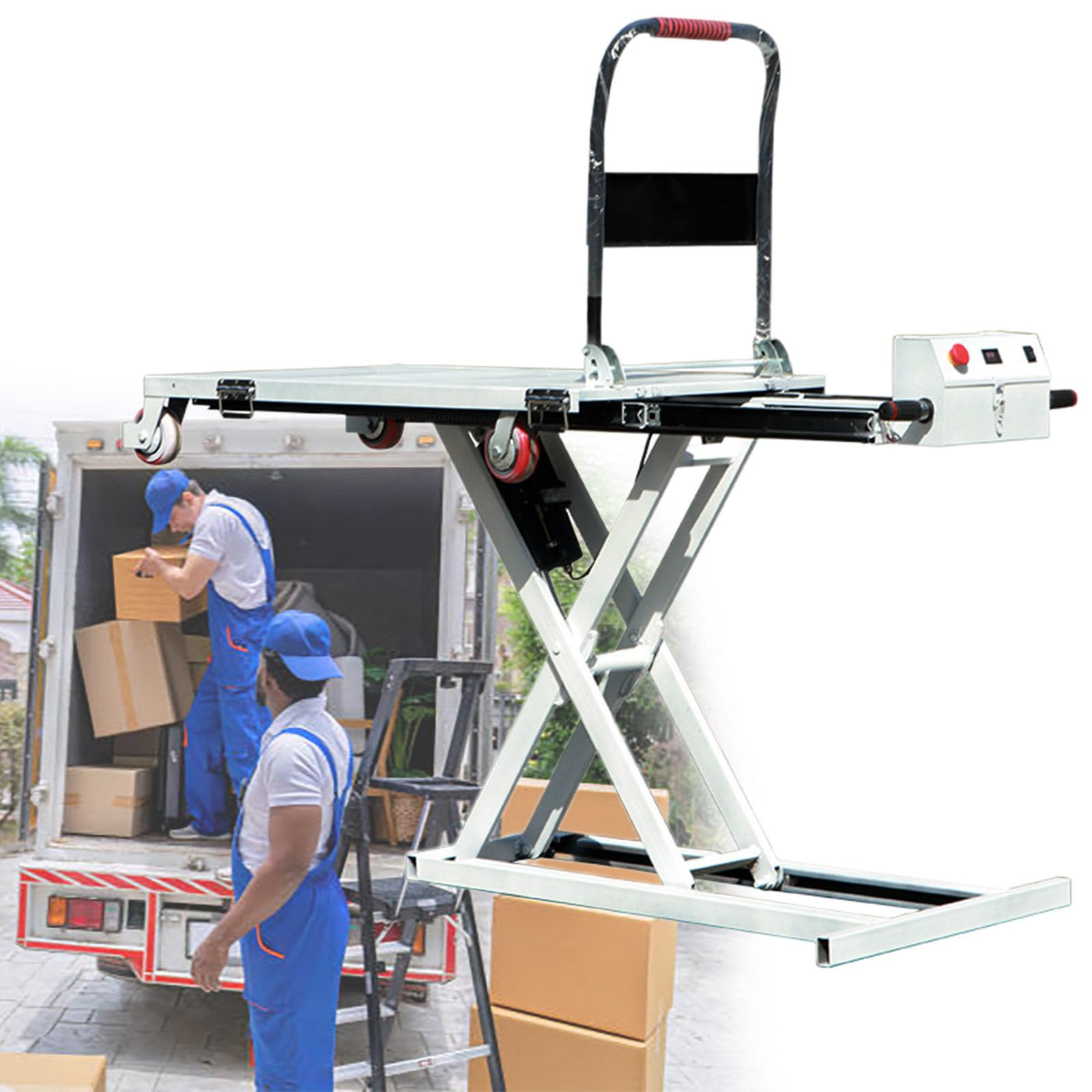 Elektryczny wózek podnośnikowy hydrauliczny pokładowy, wózek składany, winda materiałowa, udźwig 270 kg, wysokość podnoszenia 102 cm, do transportu i obsługi materiałów