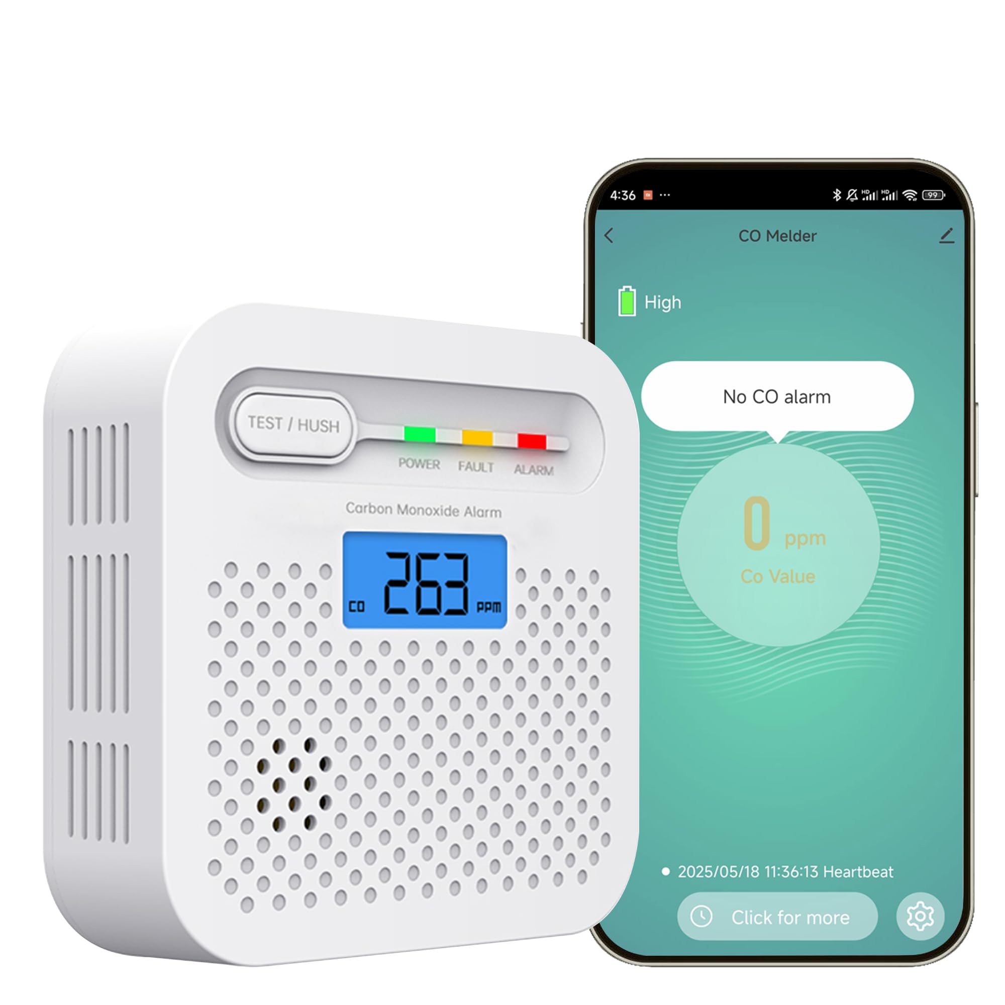 Czujnik tlenku węgla, detektor tlenku węgla z baterią 10-letnią, 10-letnim czujnikiem, wyświetlacz LCD, alarm 85 dB, certyfikat EN 50291, 1 opakowanie (CO Detector 1PCS)