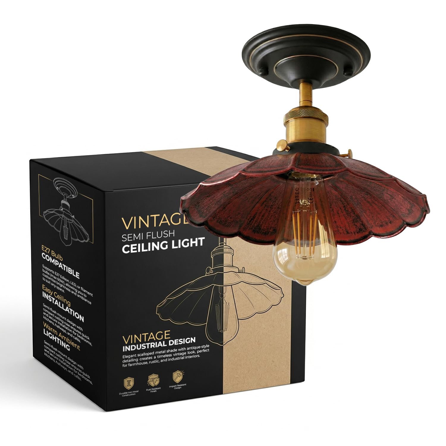LEDSone 22cm Industrial Semi Flush Mount Ceiling Light E27 Rustic Red