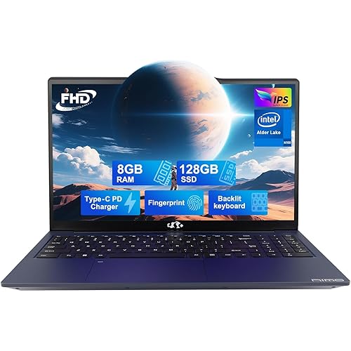 NIMO 15.6 IPS-FHD-Laptop, Intel Pentium 4 Cores N100 8GB RAM 128GB SSD Backlit Keyboard Fingerprint (Beat to i3-1115G4 Up to 3.4GHz) Computer for Student-Home WiFi 6 BT5.2 Win 11