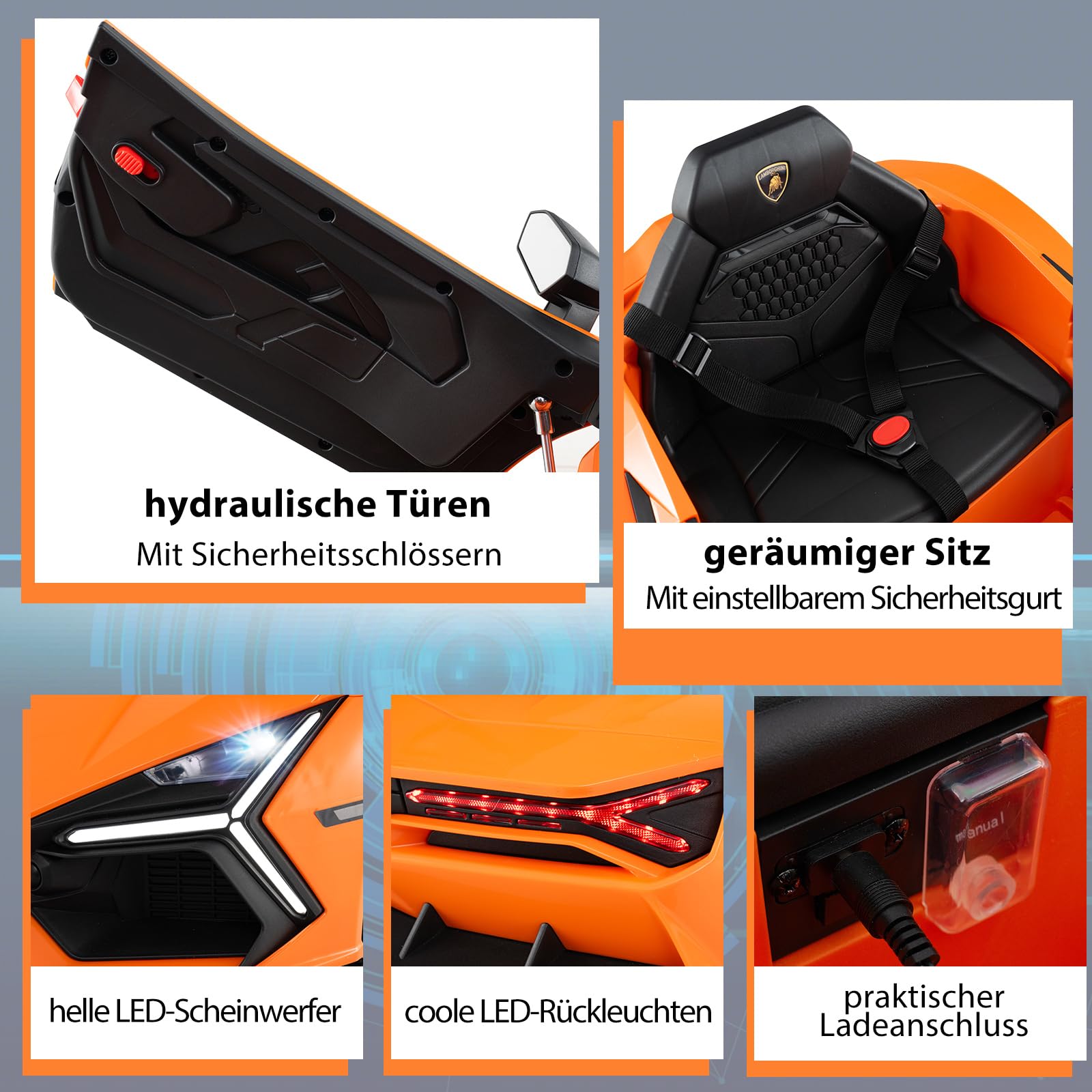 COSTWAY Samochód elektryczny dla dzieci Lamborghini Revuelto, elektryczny samochód dla dzieci 12 V z reflektorami LED, klaksonem i muzyką, 3-5 km/h, w zestawie pilot zdalnego sterowania (pomarańczowy)