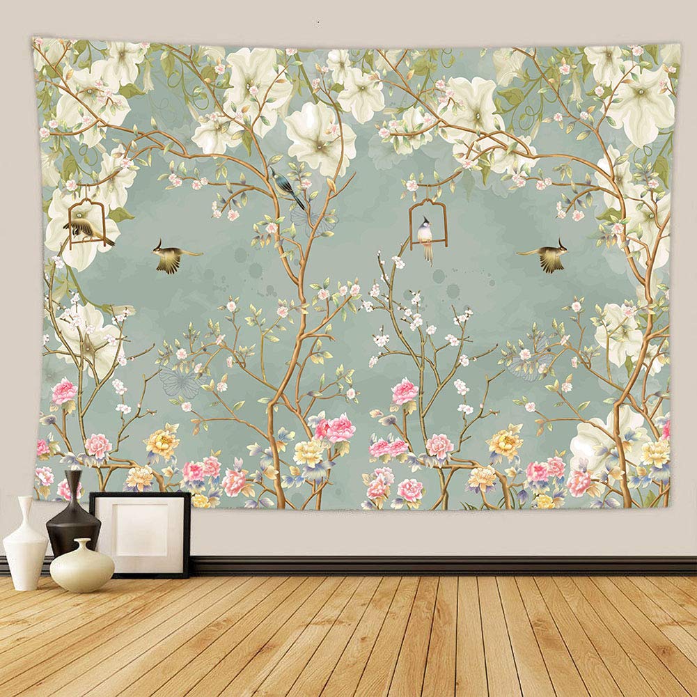 BOYOUTH Flowers Tapestry Wall Hanging,Watercolors Colorful Flower and Birds Pattern Printed Art Tapestries for Living Room Bedroom Dorm Decor,91 Inch by 71 Inch