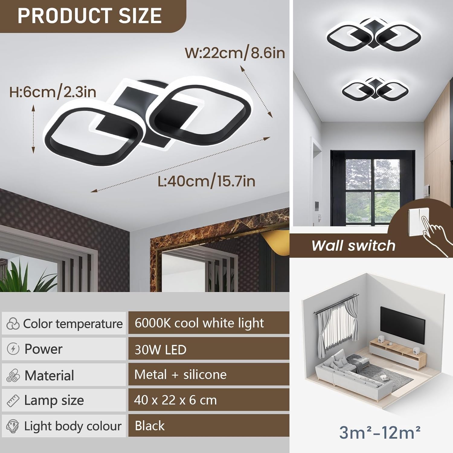 ElDISUNY Modern LED Ceiling Lights 30W Black Elegant Square Ceiling Lights Fixture for Indoor Home Hallway Office Kitchen Living Room Bedroom Dining Room -30w Cool White Light 6000K(2 Packs)