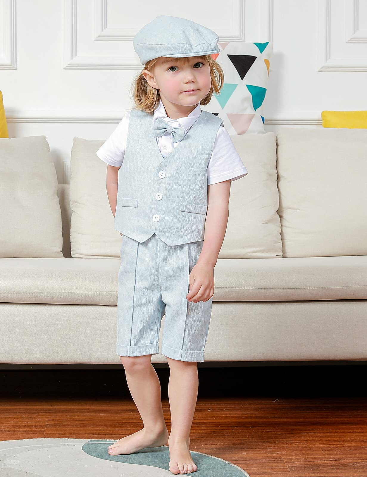 mintgreen Costume Bebe Garcon, Motif à chevrons Ensemble de Vêtements de Mariage Gilet + Chemise + Short + Bonnet Béret, 1-4 Ans
