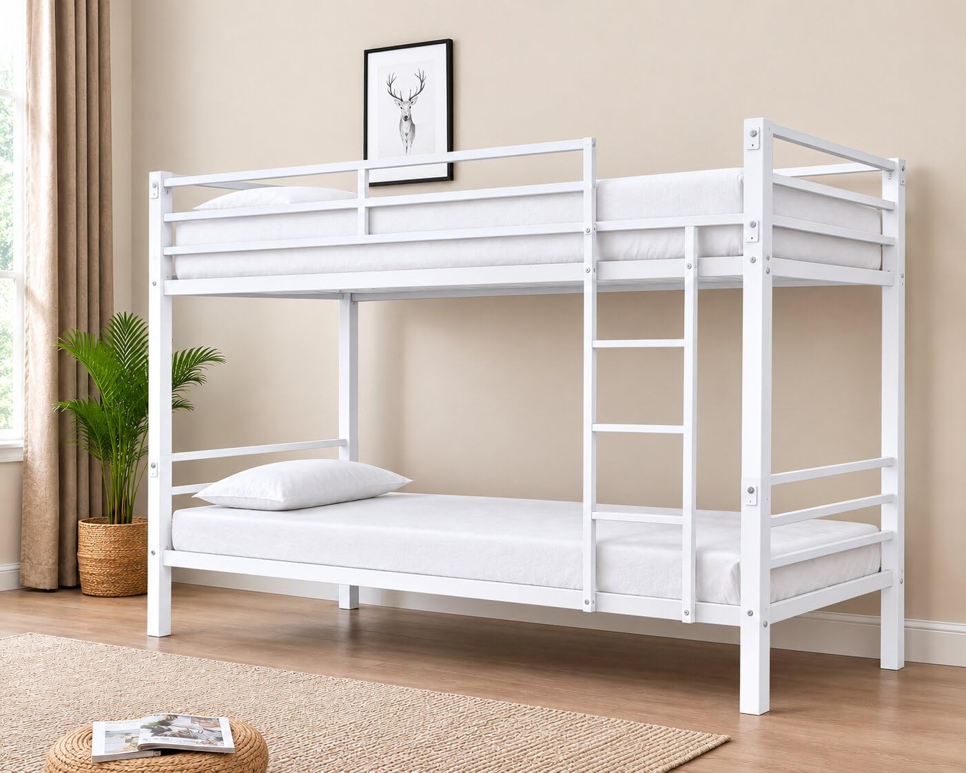 Metal Bunk Bed, Heavy Duty Steel Bunk Bed Frame with Safety Guard Rails & Integrated Ladder, Noise Free Metal Slat Support, No Box Spring Needed, Space Saving Kids & Adults Bed, White (White)-image-32