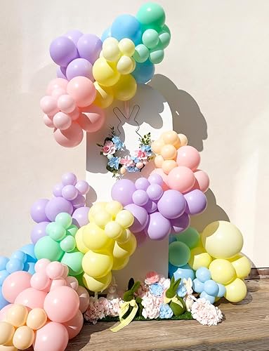 Miniatura 2 de Haolongfa Kit de guirnalda de arco de globos arcoíris pastel, 130 unidades, 18, 12, 5 pulgadas, diferentes tamaños, globos de colores surtidos