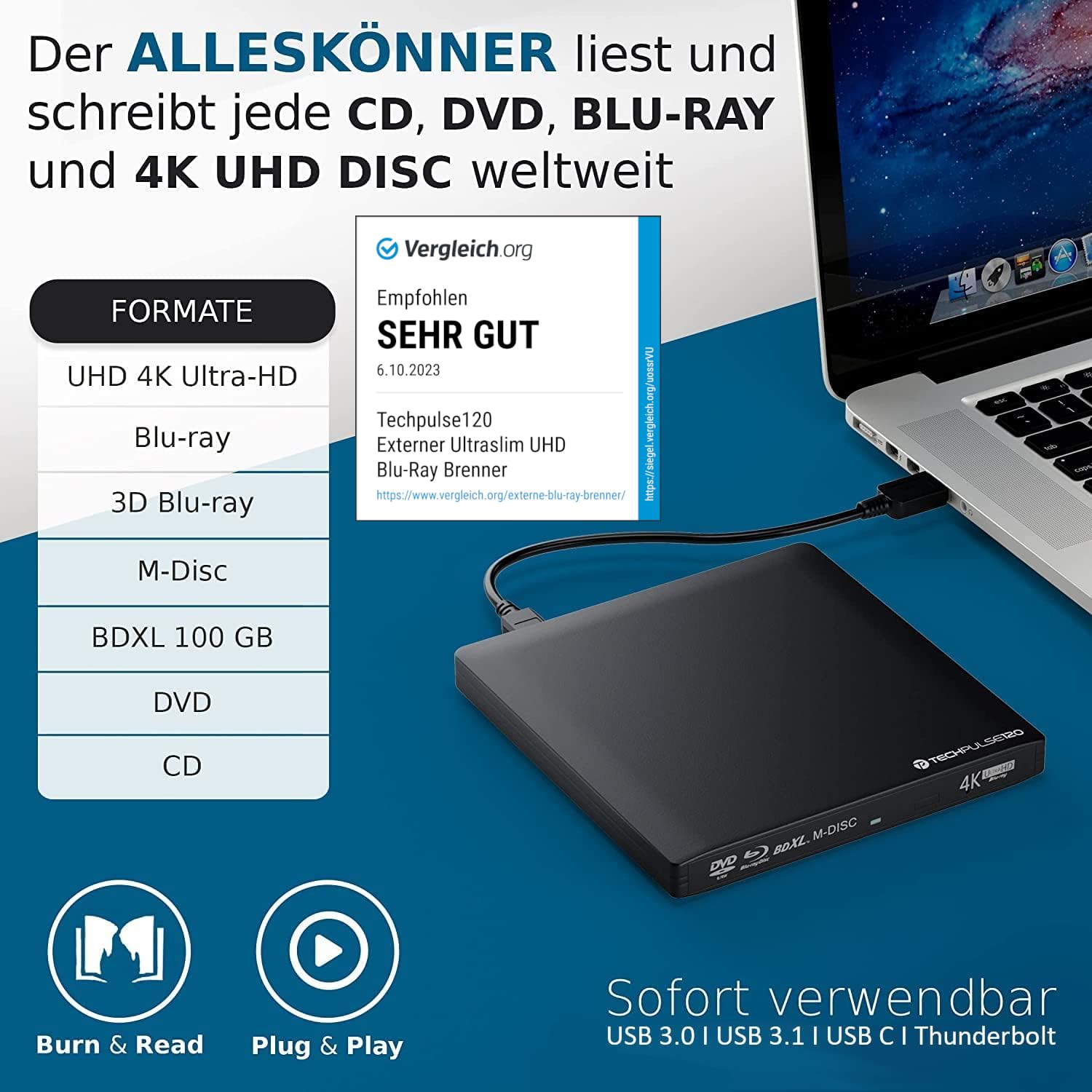 Image secondaire de techPulse120 USB 3.0 Type-C Brenner Externe de CD DVD en Aluminium pour Ordinateur, Notebook UHD Blu-Ray Brenner USB xDeluxe Pak
