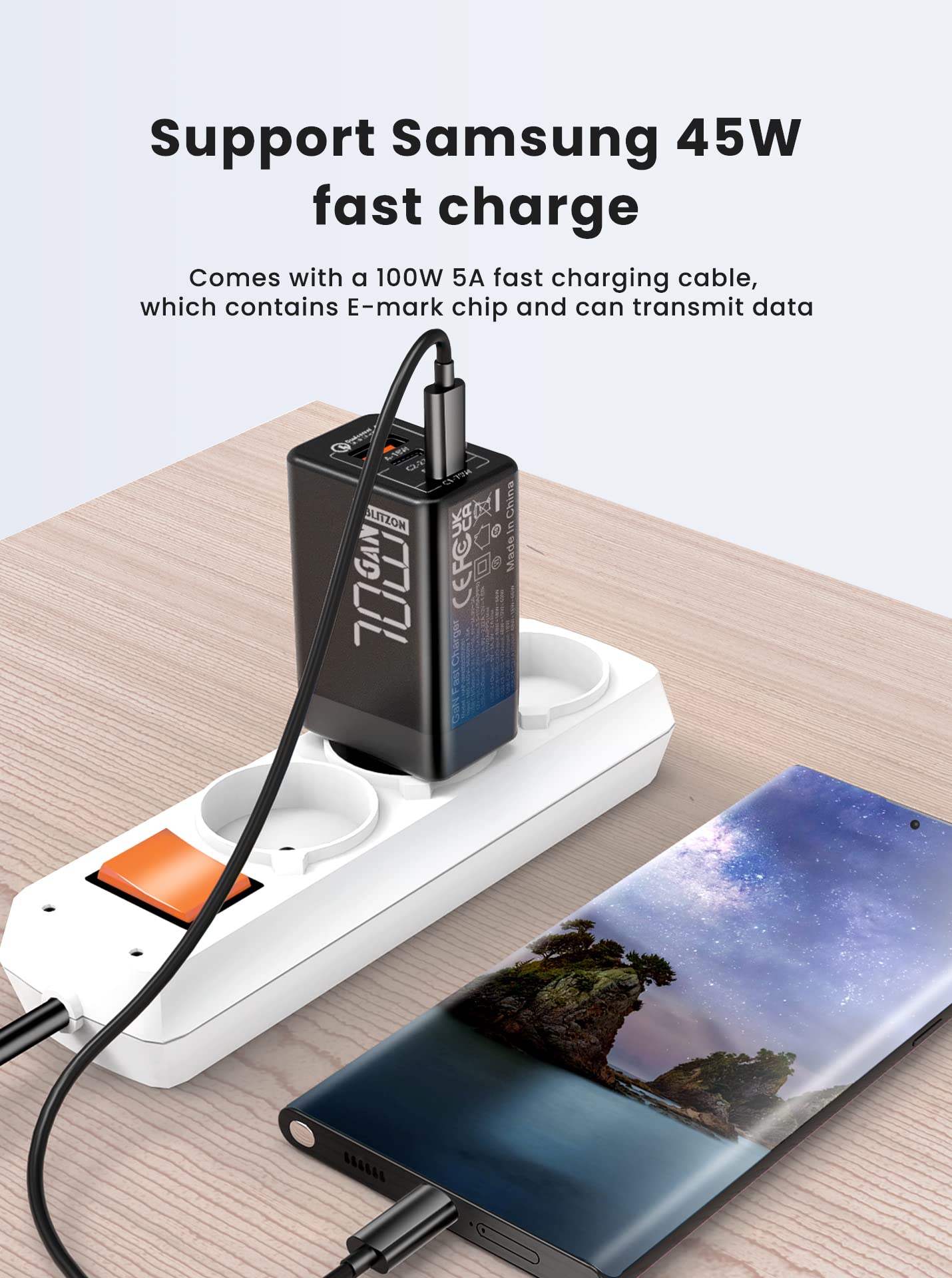 70W USB C Chargeur Rapide, 3 Ports PD 3.0 GaN Chargeur Adaptateur Type C avec Câble 100W pour MacBook Pro/Air, Dell XPS 15, iPhone 16/15/14, iPad Pro, Google Pixel, Samsung Galaxy S24/S23, Steam Deck
