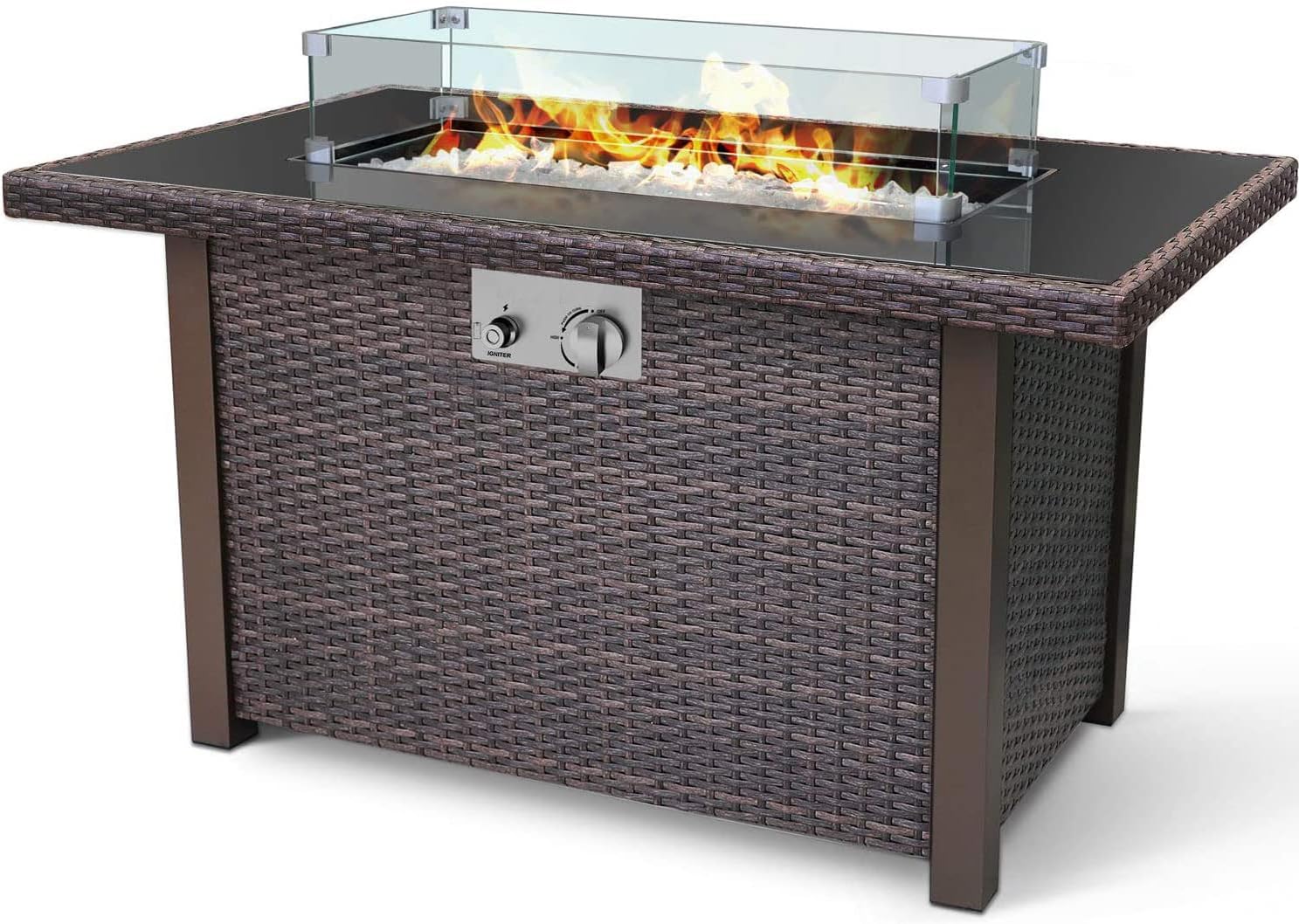 Wicker-Woven Propane Gas Fire Pit Table 44" | Outdoor Propane Fire Pit Tables for Outside Patio 50000 BTU | CSA Approved Rectangular Fire Pit Table | Balcony, Backyard & Garden Outdoor Firepit Table
