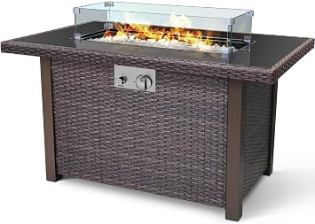 Wicker-Woven Propane Gas Fire Pit Table 44" | Outdoor Propane Fire Pit Tables for Outside Patio 50000 BTU | CSA Approved Rectangular Fire Pit Table | Balcony, Backyard & Garden Outdoor Firepit Table