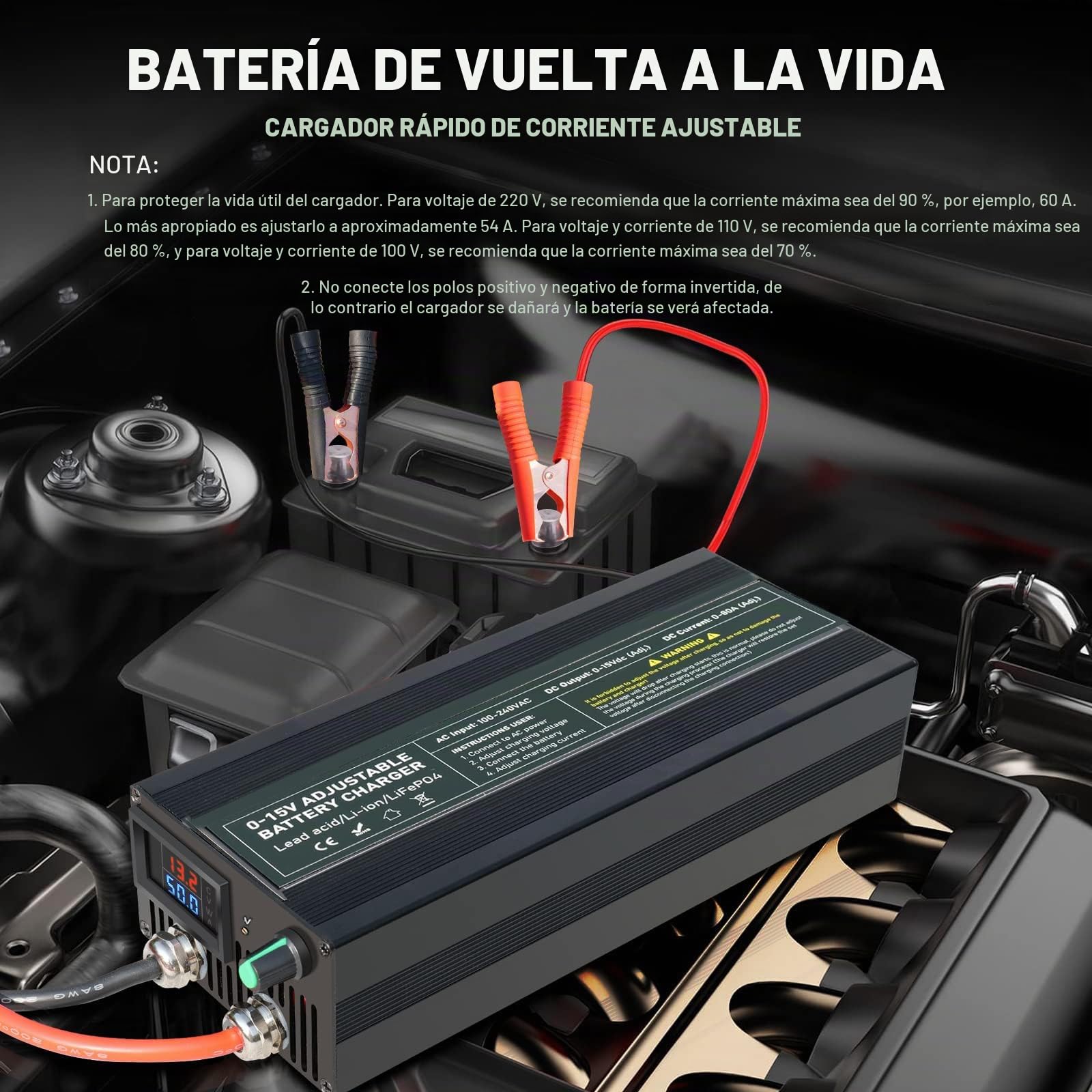 Cargador de Baterías LiFePO4 14.6V 60A, Regulación de Voltaje Preciso 0-15V Multivueltas, Cargador Rápido de Baterías de Litio 12V 60A con Carga Automática al Conectar