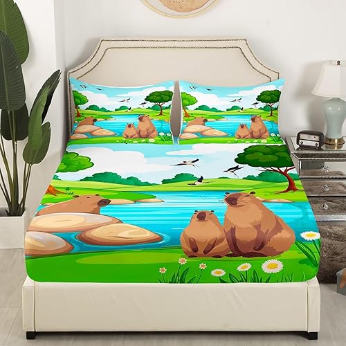 Miniatura 3 de Sábanas bajeras de Capybara para niños pequeños, sábanas bajeras de animales salvajes de dibujos animados para niños y niñas, juego de ropa de cama