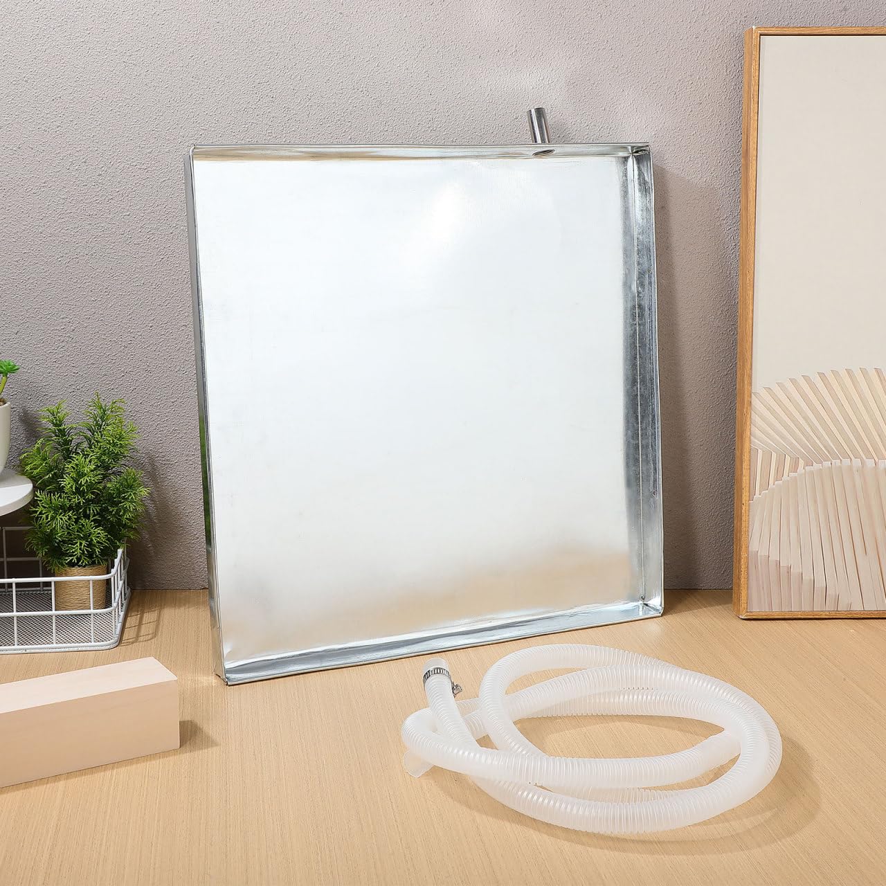 Bac De Collecte D'Eau En Acier Inoxydable 40X40Cm Pour Climatiseur Extérieur Avec Tuyau De 2M SystèMe De Drainage Anti-Fuite Installation Facile