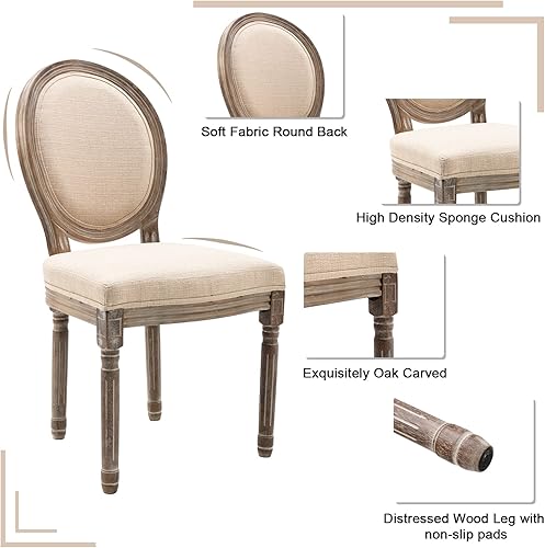 Miniatura 4 de ZHENGHAO Juego de 2 sillas de comedor de tela retro francesa, sillas de madera envejecida con respaldo redondo, sillas de cocina tapizadas de lino