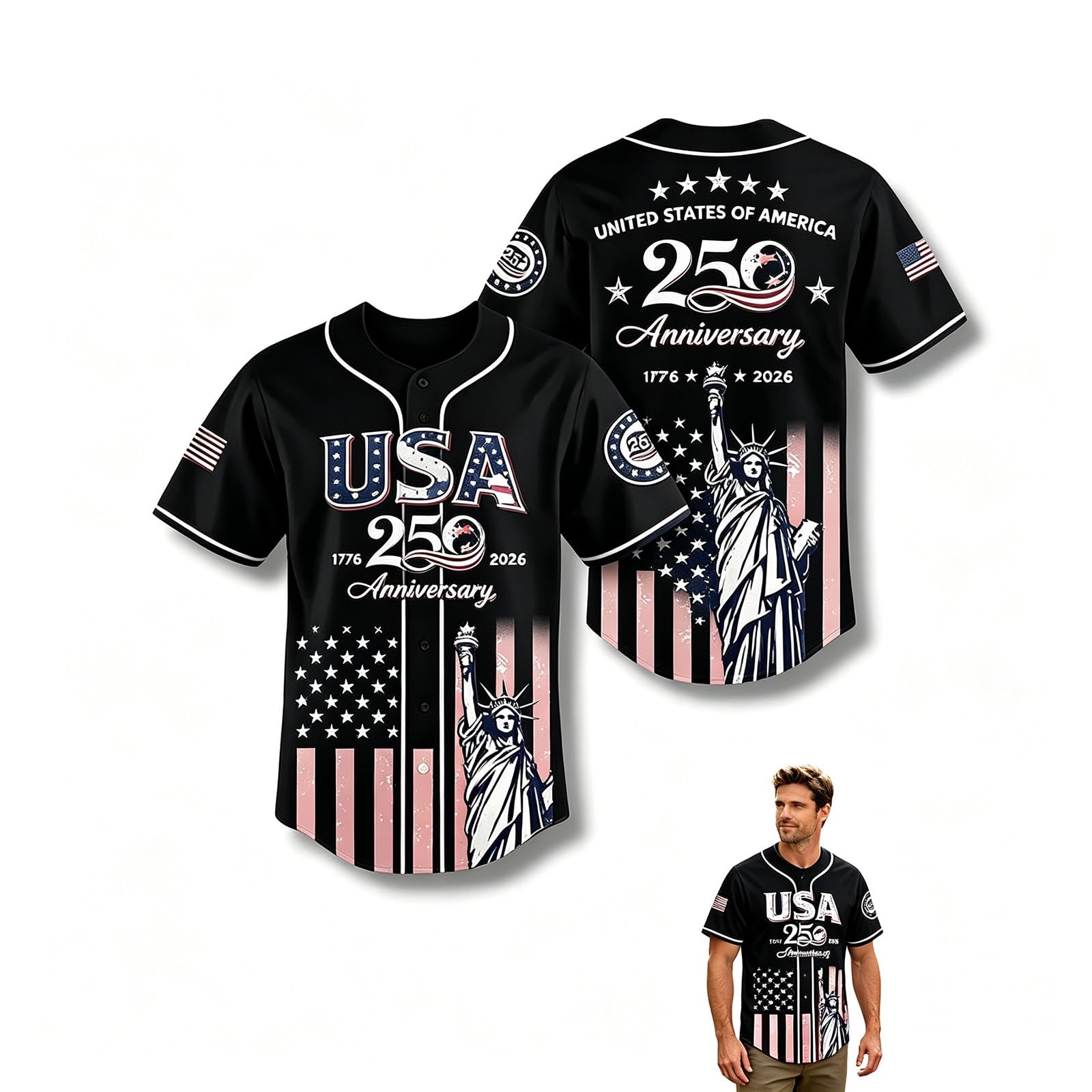 GUUZETU USA 250th Anniversary Baseball Jersey, Patriotic Statue of Liberty Print Shirt, Unisex USA Flag Button Down Shirt (Black,XL)