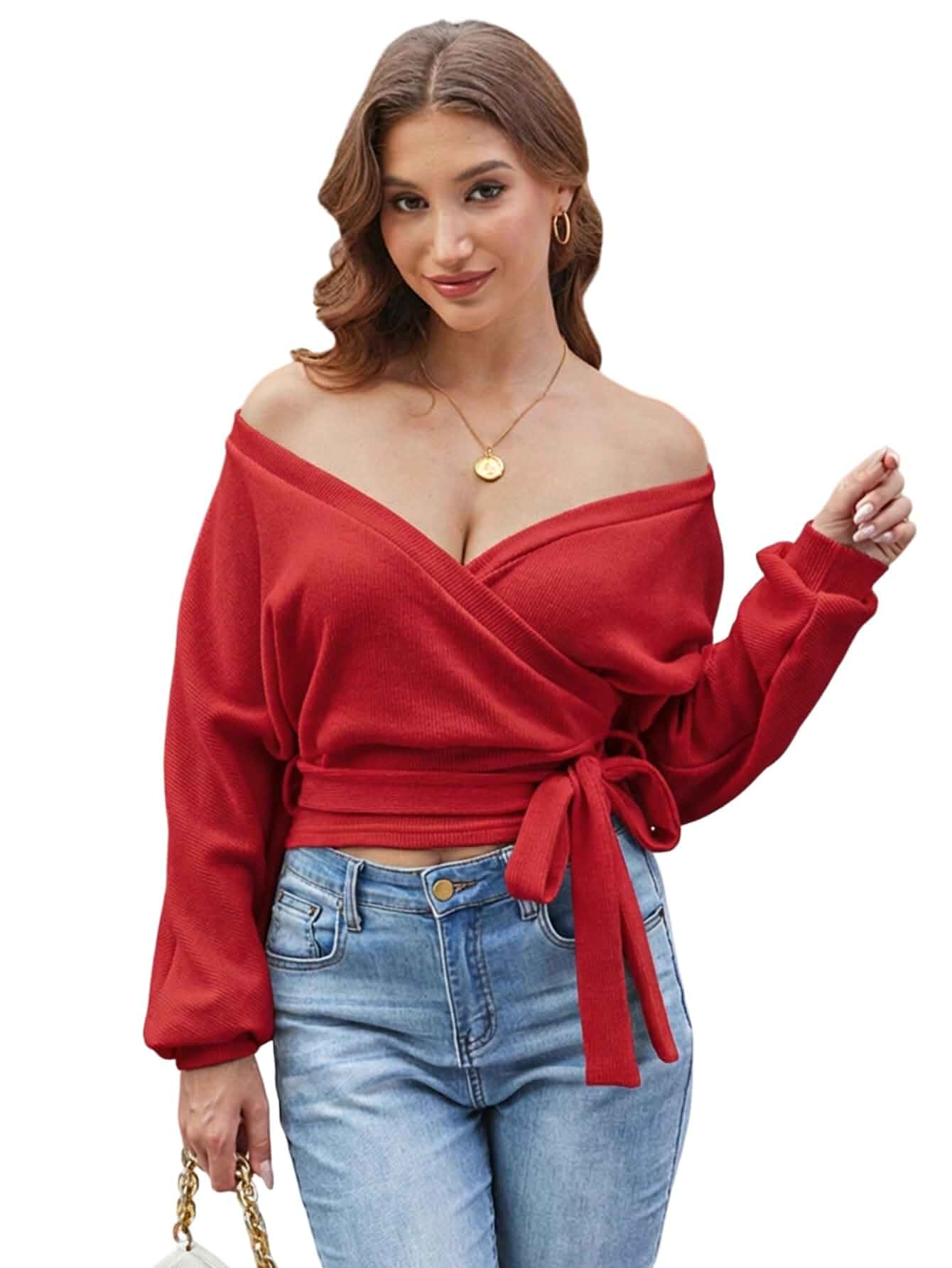 SweatyRocks Women's Wrap Off Shoulder V Neck Sweater Sexy Crop Sweaters Top Cinched Waist, Knit Sweater, Long Sleeve Sweaters for Women, Fall Outfits